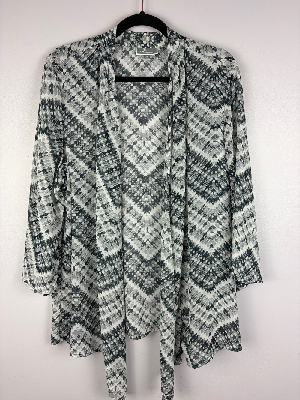 JM Collection 2X Black White Abstract Print Open Front Cardigan Lightweight